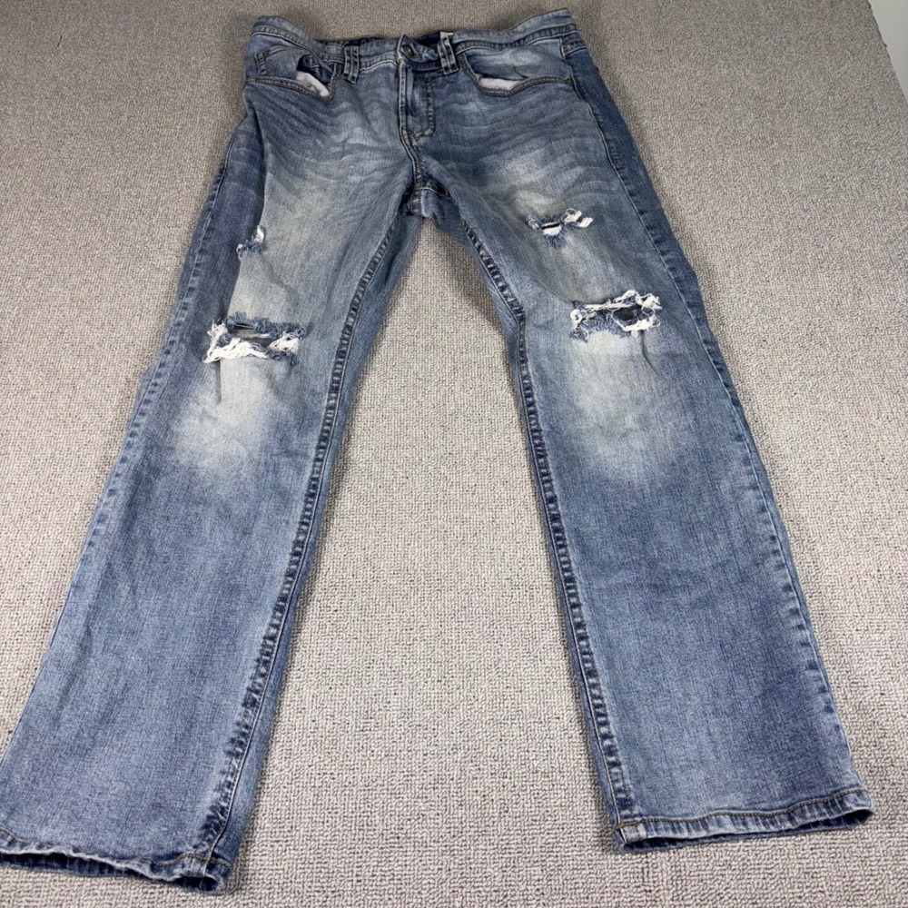 TK Axel Slim Boot Jeans Mens 34x32 Blue Distressed Denim Ripped Casual Pants Log
